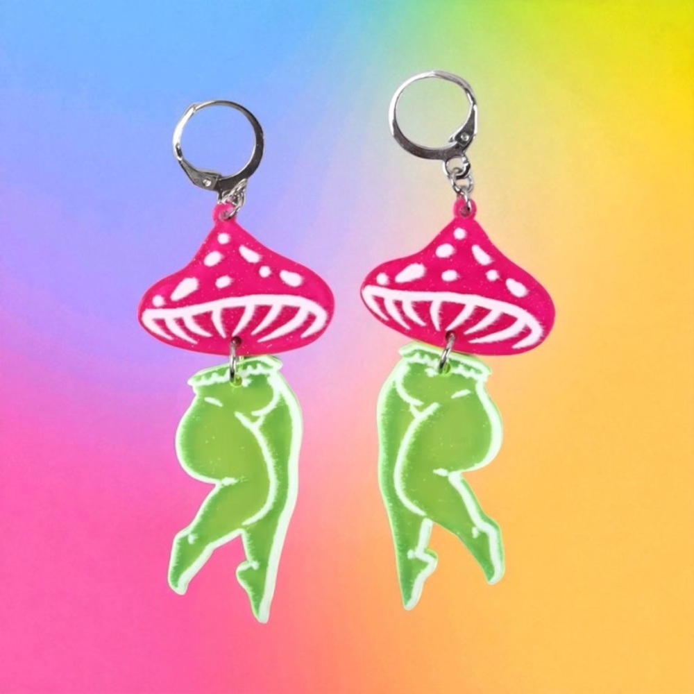 Lady Legs Mushroom Black Light Acrylic Earrings